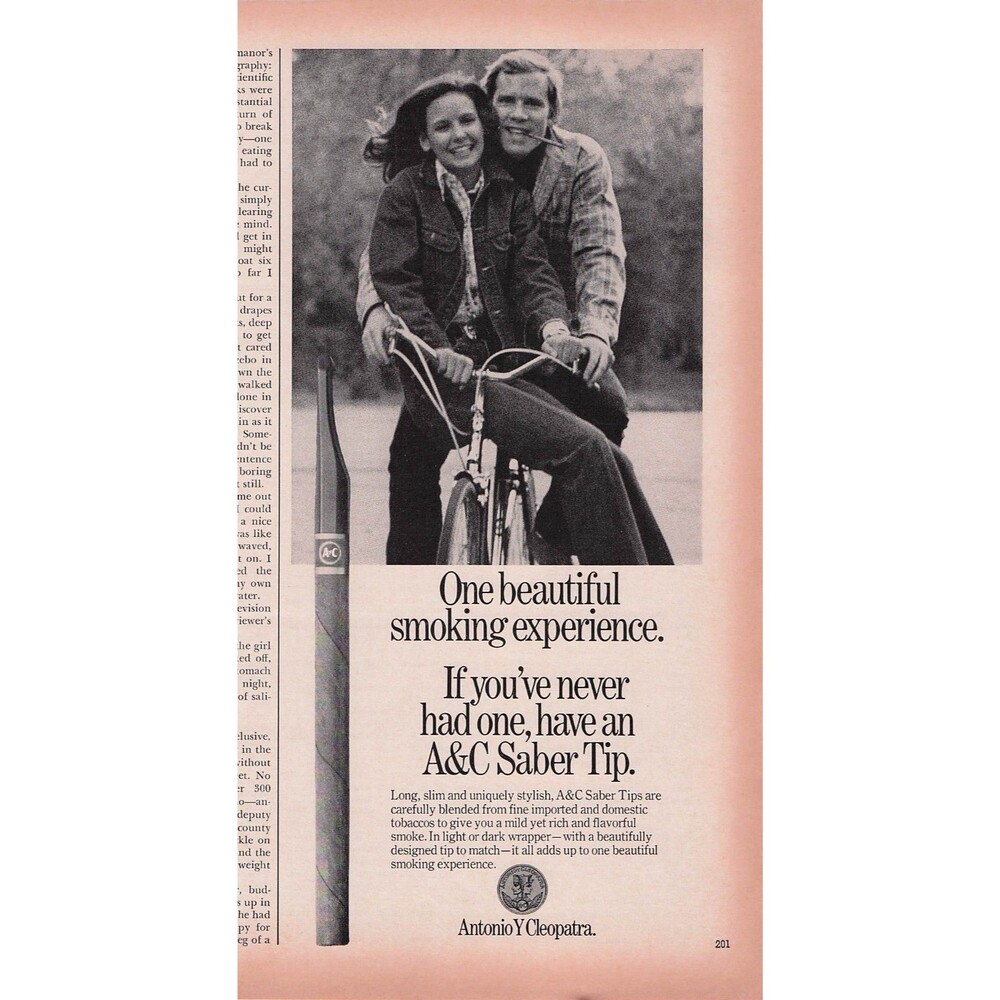 1974 Antonio Y Cleopatra cigarette cigar Print ad A&C Saber Tip man woman bike
